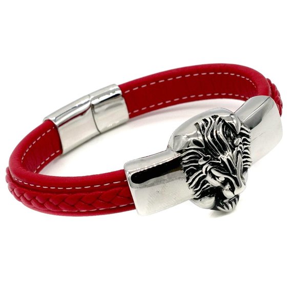 🎉HOST PICK🎉 Men's Red leather bracelet with Lions head and magnetic clasp. - Picture 3 of 5
